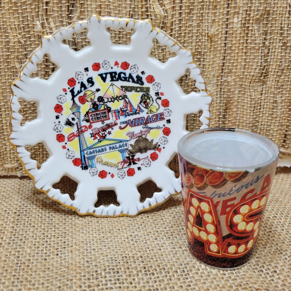 Lot of 2 Vintage Mini Las Vegas Souvenier Plate and Shot Glass